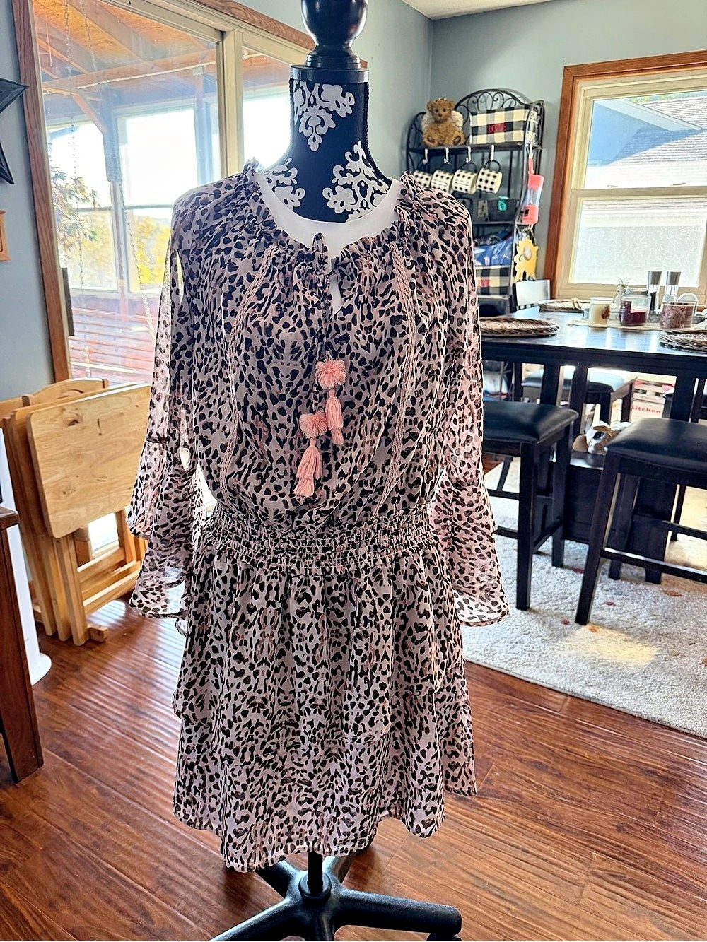 Express Leopard Print Tiered Mini Dress with Tassels